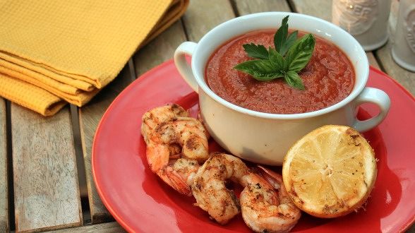 Gazpacho with Grilled Peel and Eat Shrimp