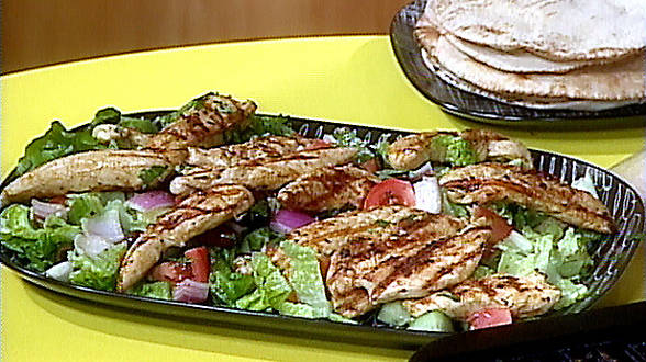 Greek Fit-for-the-Gods Salad with Spicy Cucumber Dressing and Pita Chips