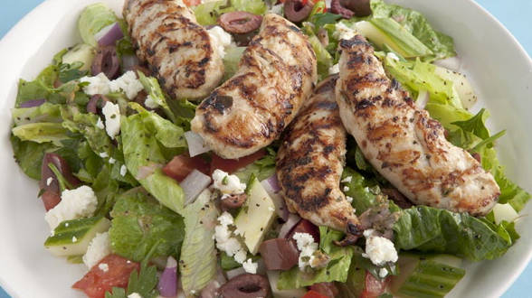 Greek Grilled Chicken and Vegetable Salad with Warm Pita Bread for Wrapping