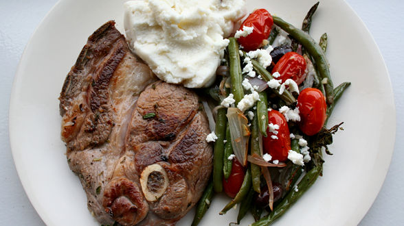 Greek Lamb Chops with Roasted Beans and Tomatoes and Skordalia