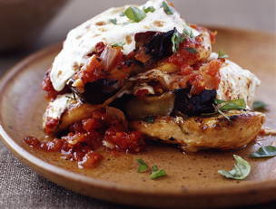 Grilled Chicken and Eggplant Stacks with Fire-Roasted Tomato Sauce