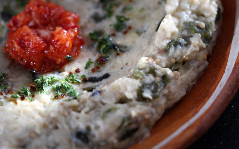 Grilled eggplant dip with tahini, yogurt and roasted chiles