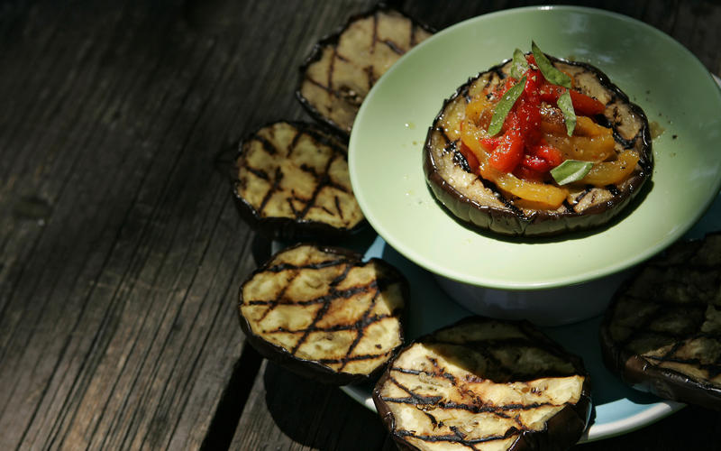 Grilled eggplant with red and yellow peppers