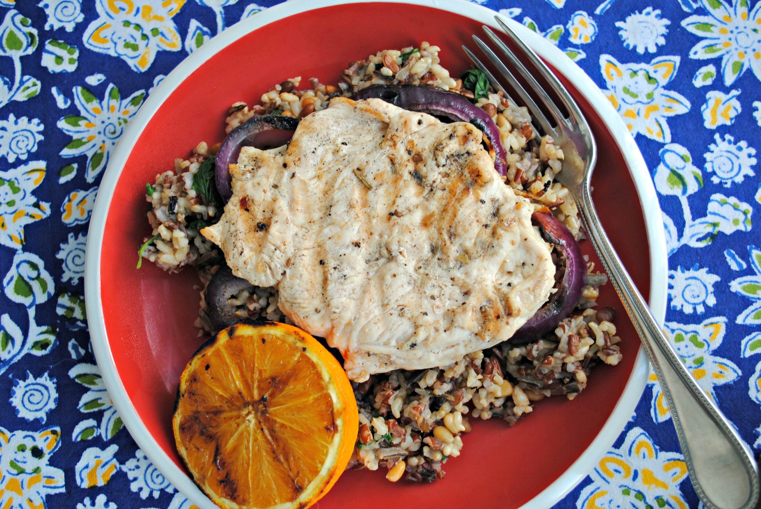 Grilled Lemon-Orange Chicken with Roasted Garlic and Rosemary Brown-and-Wild Rice