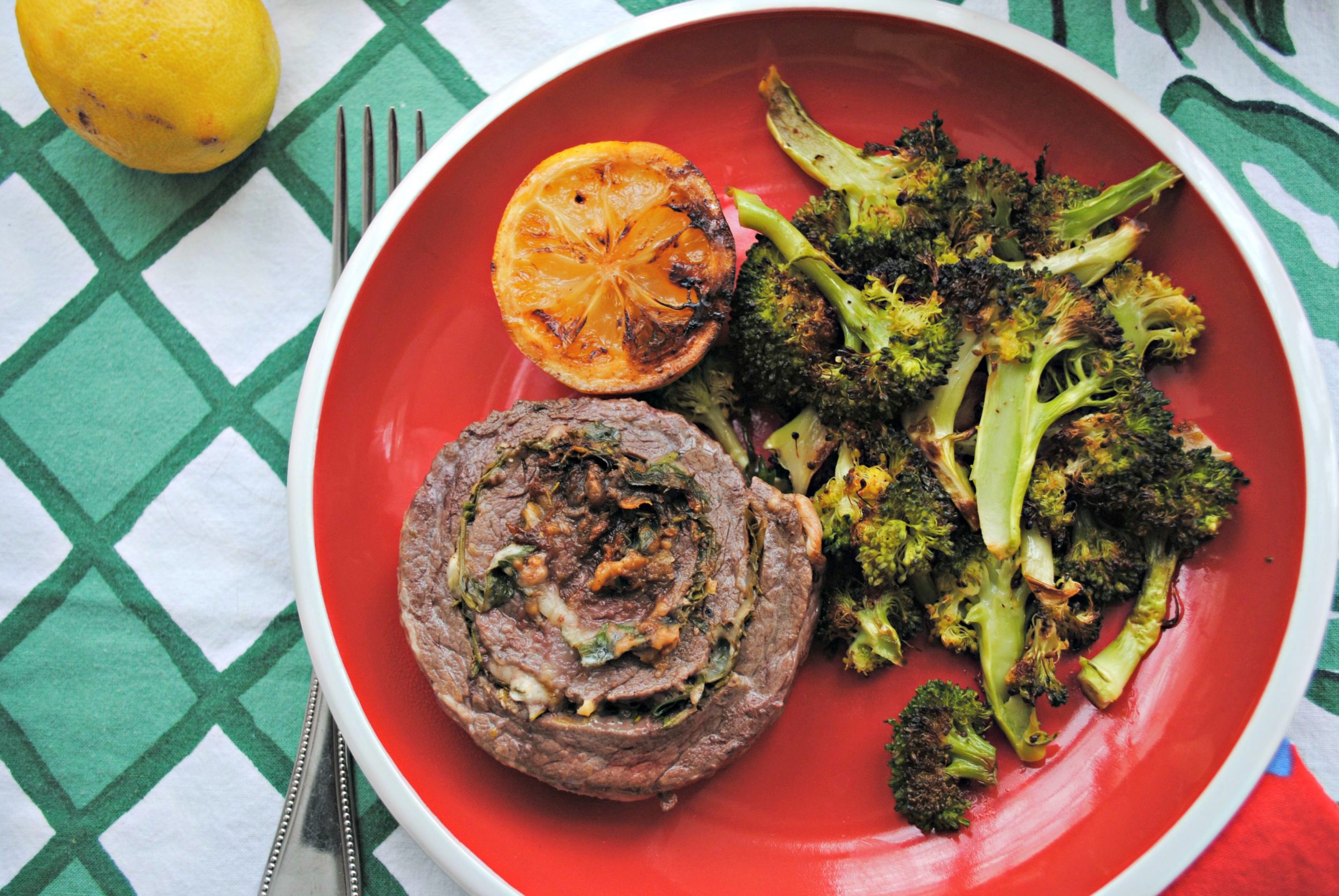 Grilled Pinwheel Steaks and Roasted Broccoli