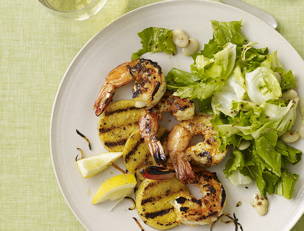 Grilled Shrimp and “Grits” with Spicy Salad