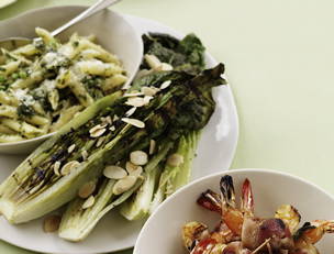 Grilled Sorta-Caesar with Pancetta Shrimp and Pesto Penne