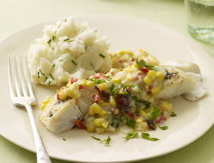 Halibut with Corn Chowder Gravy and Sour Cream and Chive Mashed Potatoes