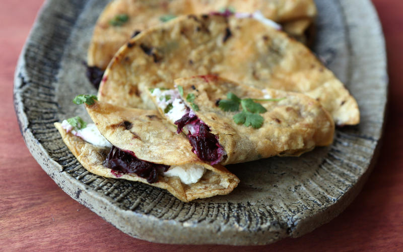 Hibiscus and goat cheese tacos