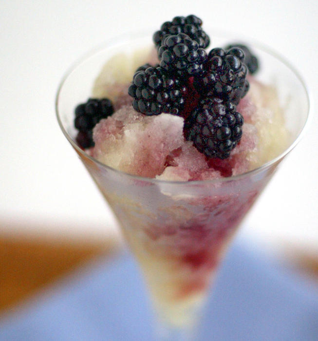 Honeydew ice with blackberries and white Port