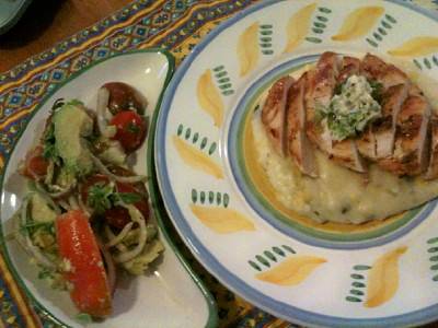 Hot-or-Not Grilled Sliced Chicken with Cheesy Polenta and Guacamole Salad