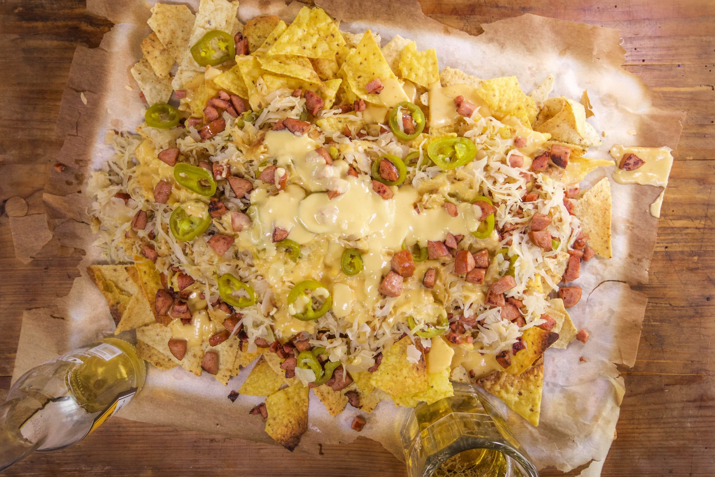 Kielbasa Nachos with Beer Cheese and ‘Kraut