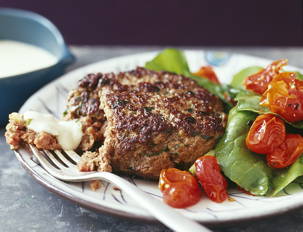 Knife-and-Fork Burgers with Provolone Dipping Sauce and Roasted Tomato Salad