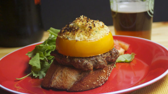 Knife-and-Fork Open-Faced Burgers Topped with Stuffed Thick-Cut Sliced Tomatoes