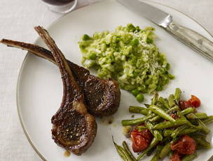Lamb Chops with Roasted Vegetables and Spring Pea Risotto
