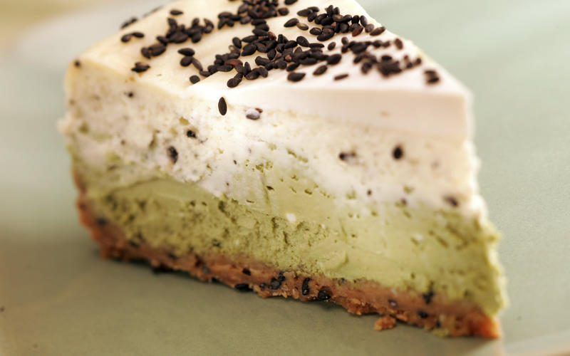 Layered green tea and black sesame cheesecake