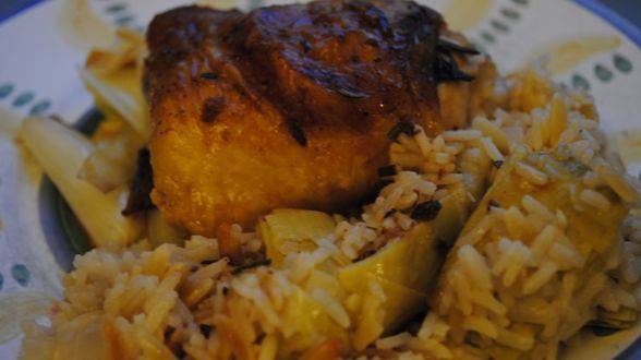 Lemon and Rosemary Chicken with Spring Onions, Rice Pilaf with Artichokes and Pine Nuts
