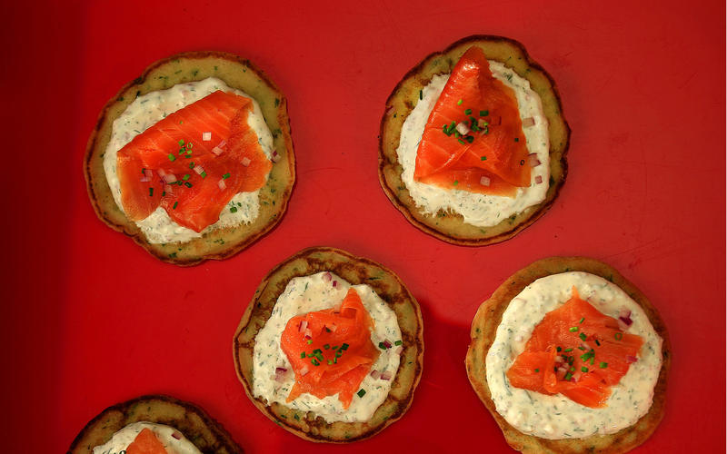Lemon herb blini with dill cream and smoked salmon
