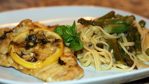 Lighter Side of Italian: Chicken or Fish Piccata and Thin Spaghetti with Asparagus, Green Beans and Peas