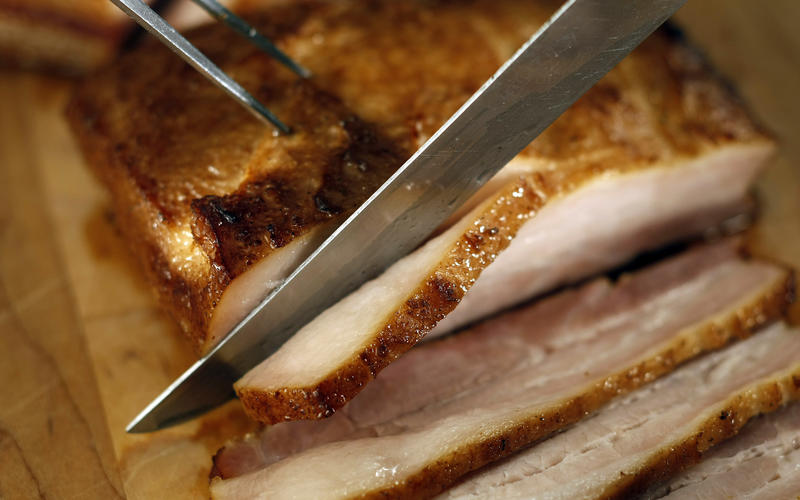 Maple-bourbon hot-smoked pork belly