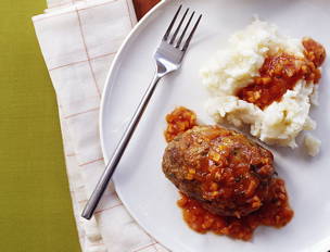 Meatball Loaves with Tomato Gravy and Smashed Potatoes