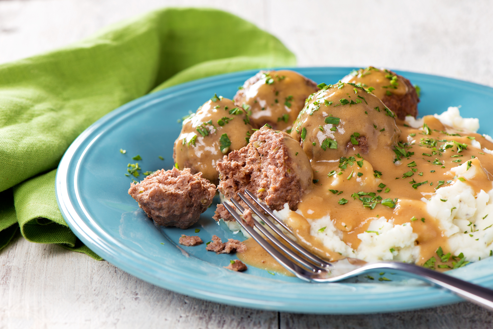 Meatloaf Meatballs with Horseradish Mash and Gravy