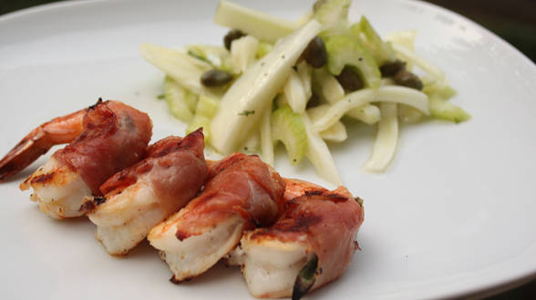Mom’s Pancetta-Wrapped Shrimp with Sage and Fennel and Celery Salad