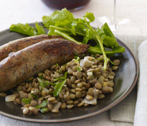 New Year’s Day Sausages with Garlic Lentils
