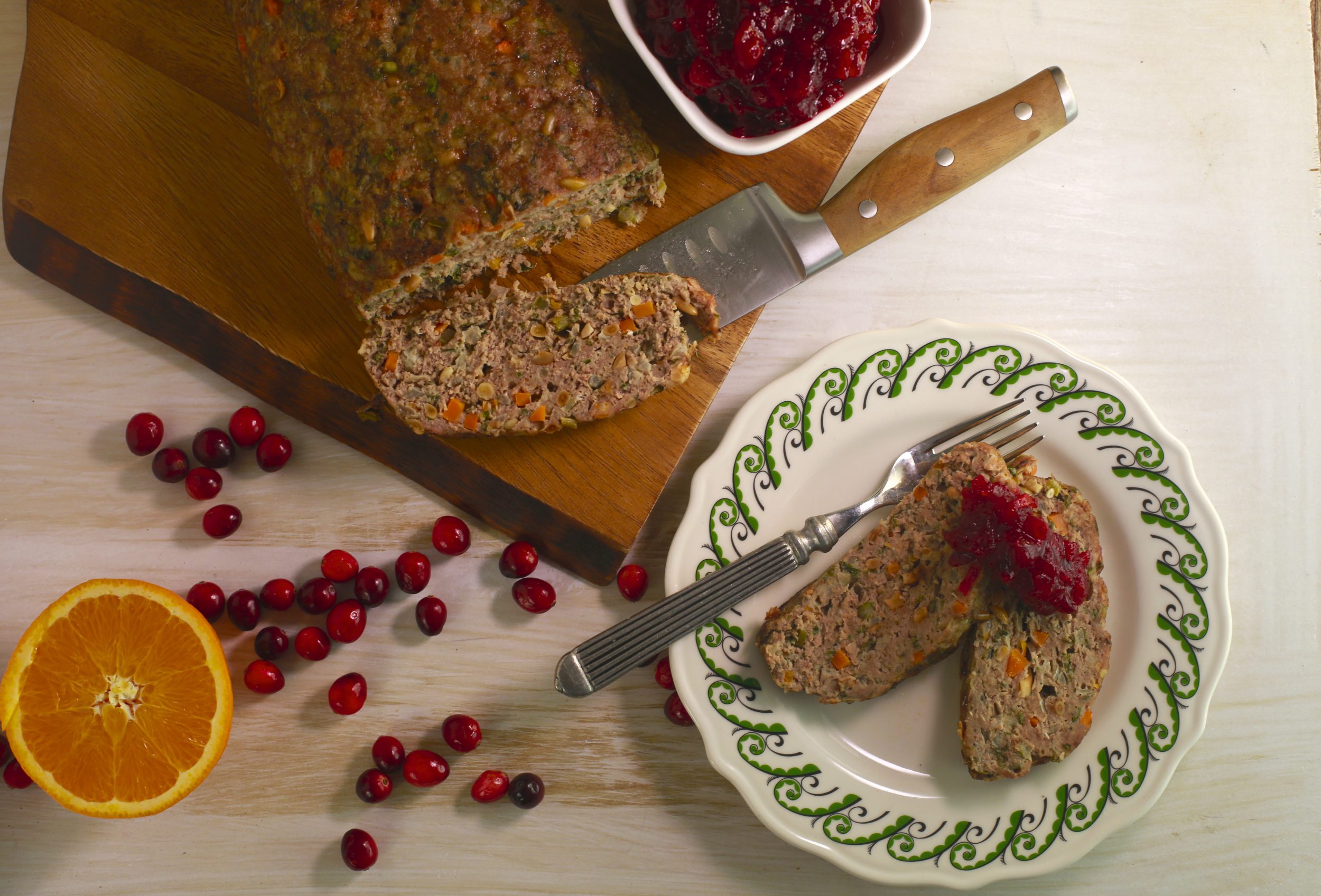 Nutty Turkey Meatloaf with Cracked Cranberry and Orange Sauce