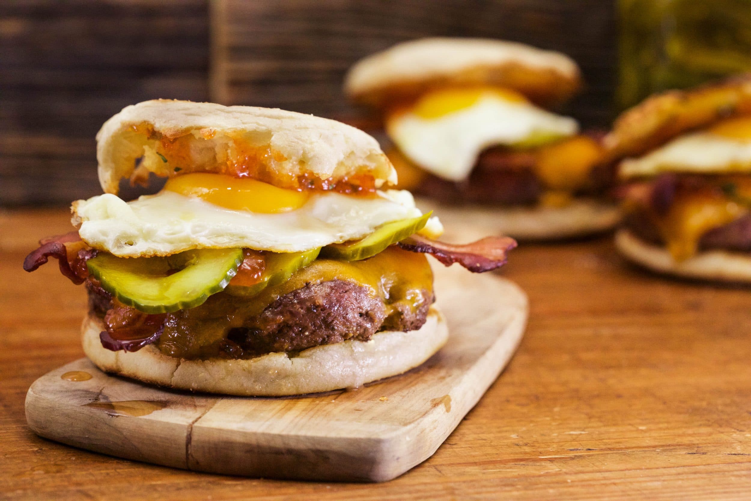 Old Bay Burgers with Bacon and Eggs on English Muffins