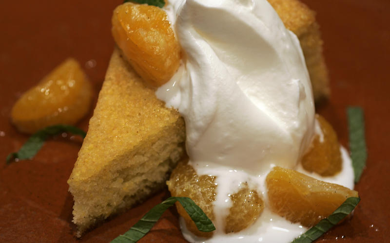 Olive oil cake with creme fraiche and candied tangerines