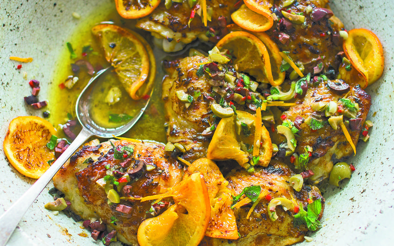 Orange-oregano roast chicken, olive gremolata