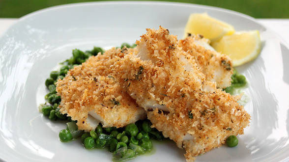 Oven Fish Fry on a Bed of Not-So-Mushy Peas