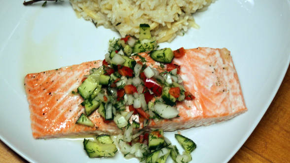 Oven Poached Salmon a la Paige with Dill, Vidalia Onion and Cucumber Relish