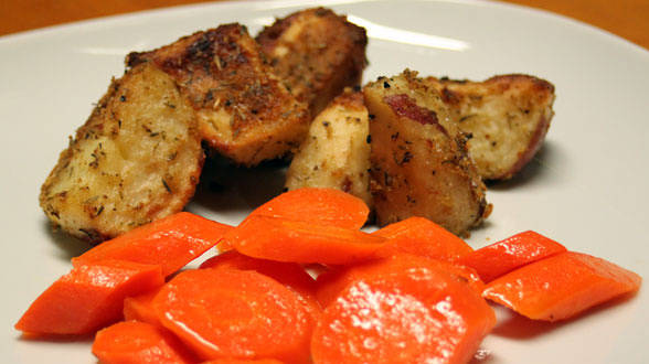Oven-Roasted Spicy Potatoes and Glazed Carrots
