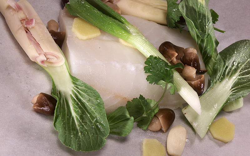 Oven-steamed fish with bok choy
