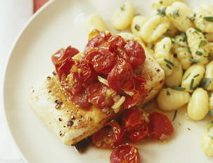 Pan-Roasted Fish with Burst Tomato Sauce and Gnocchi with Tarragon-Chive Butter