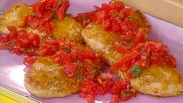 Parmesan-Crusted Chicken Breasts with Tomato and Basil and Potatoes with Peppers and Onions