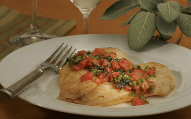 Petrale sole with sage, poblano and tomatoes