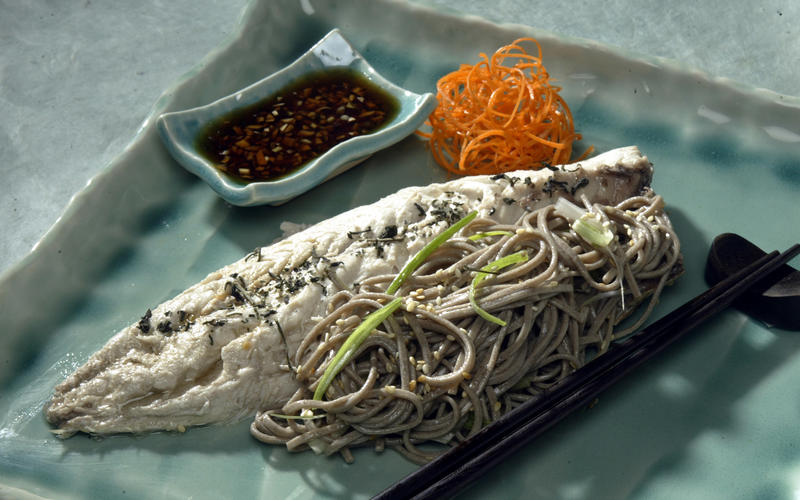 Poached mackerel with ginger-soy sauce and soba noodles