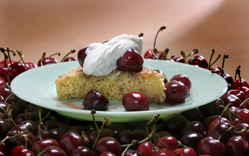 Polenta cake with roasted cherries