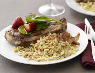 Pork Chops with Balsamic Strawberry Salad and Pine Nut Orzo