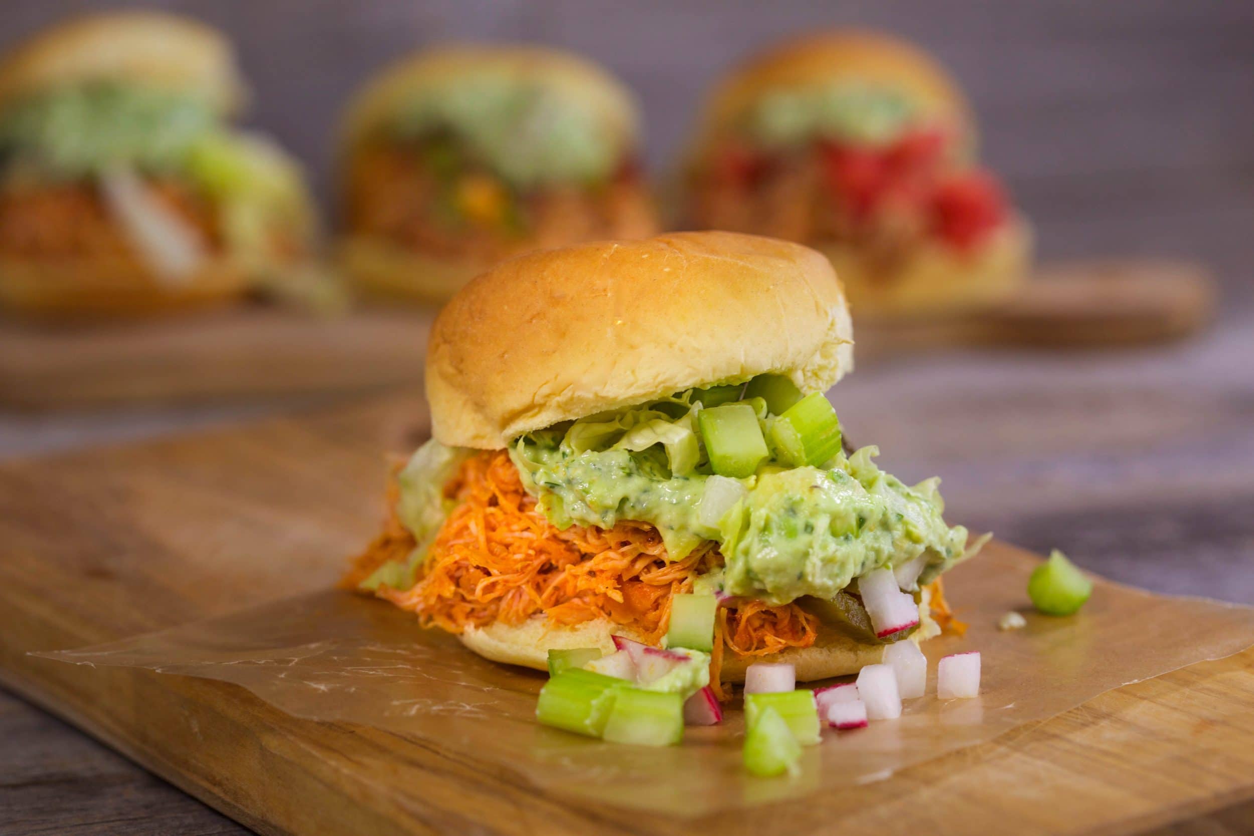 Pulled Buffalo Bills Chicken with Cool-Your-Jets Ranch Guacamole