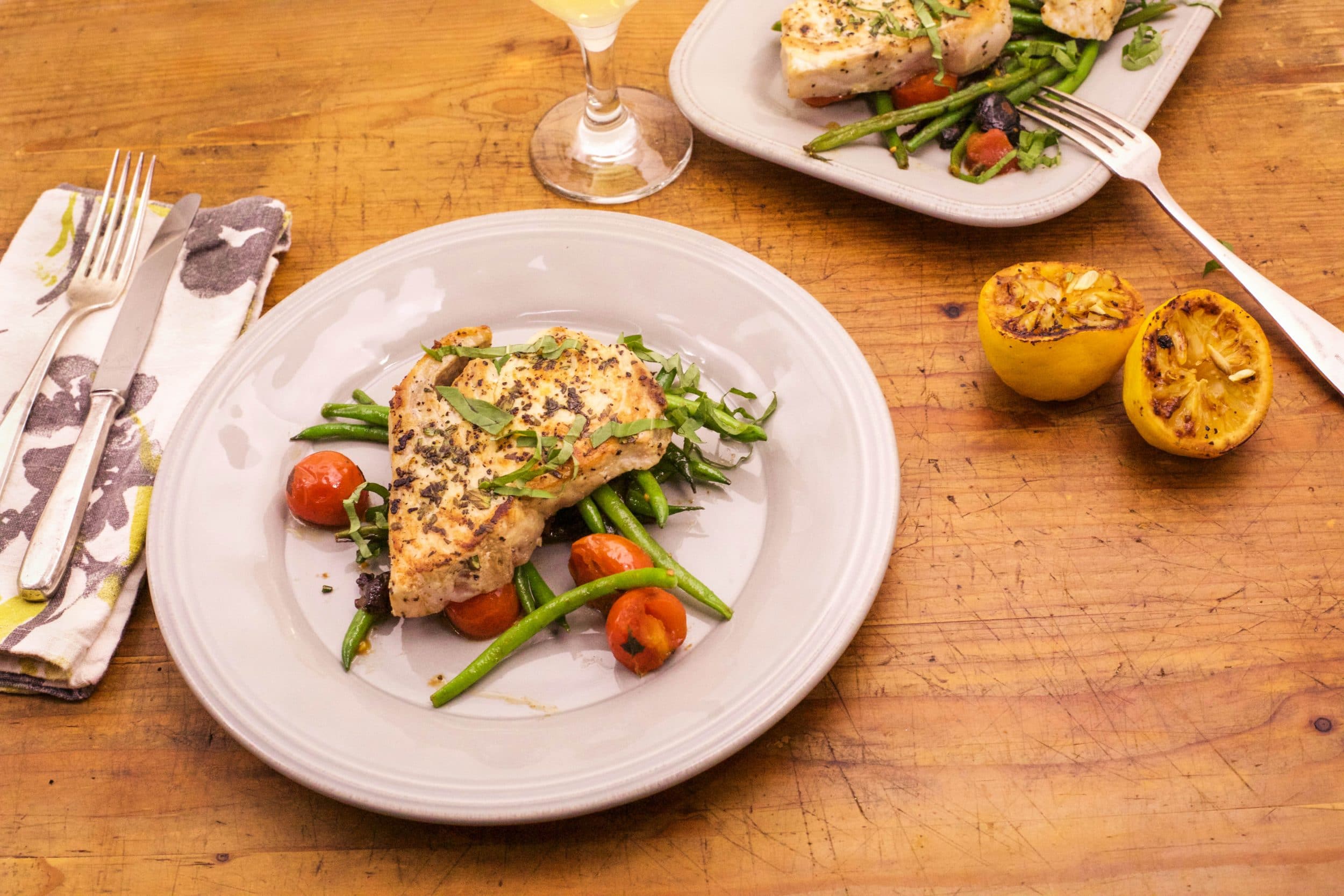 Puttanesca Green Beans with Grilled Swordfish and Oregano