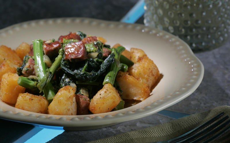 Rapini with linguica and golden roasted potatoes