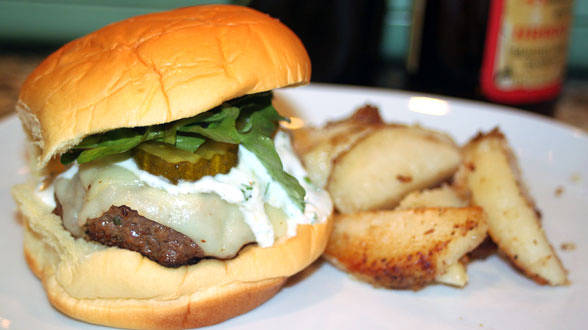 Rarebit Smash Burgers with Pub Potatoes and Horseradish Sauce