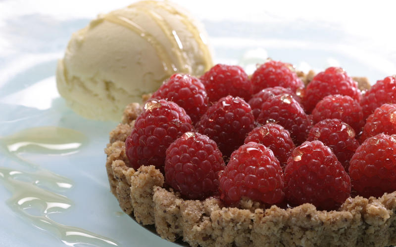 Raspberry tart with hazelnut crust and lemon verbena ice cream