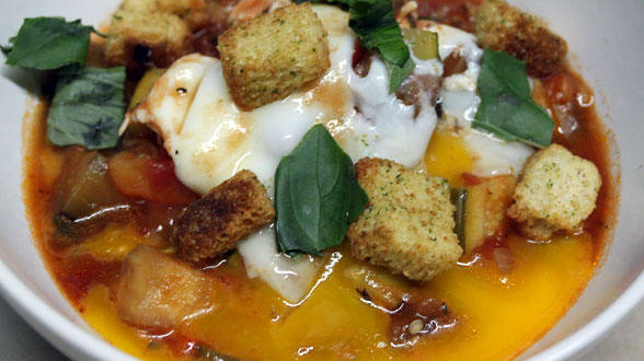 Ratatouille with Poached Eggs and Garlic Croutons
