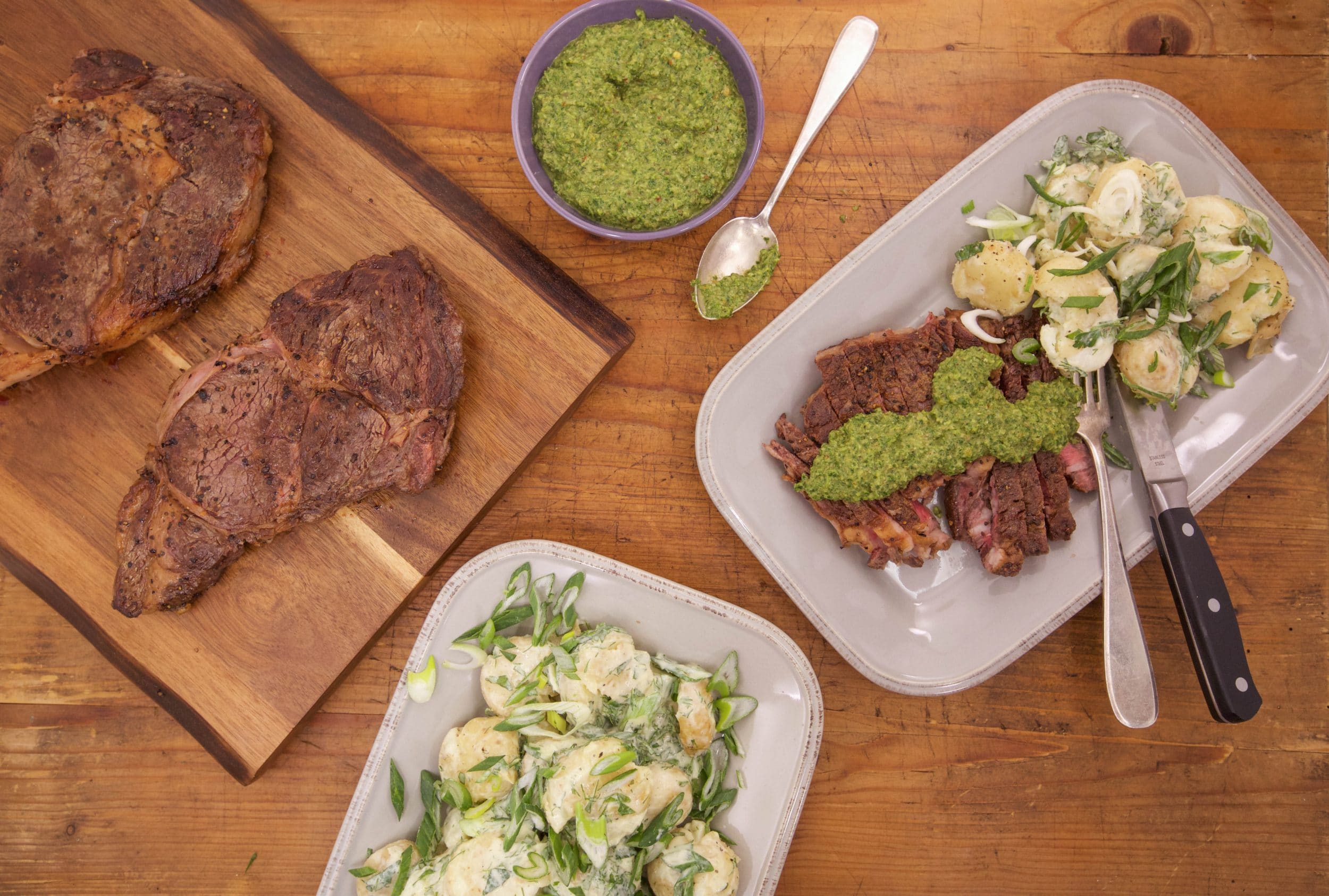 Ribeye Steaks with Arugula Salsa Verde, Crushed Potato Salad with Garlicky Ranch