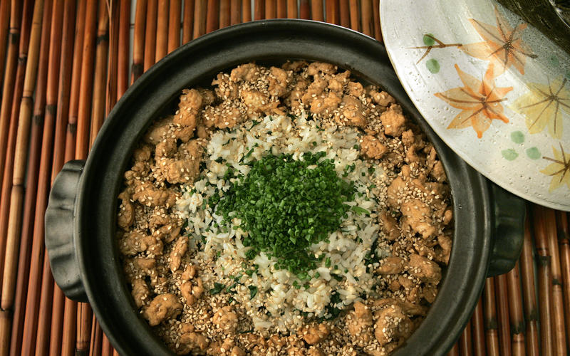 Rice with chicken and dandelion greens